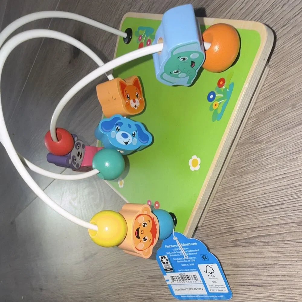 Wood Bead Maze Activity Toy with Animal Blocks on Green Base